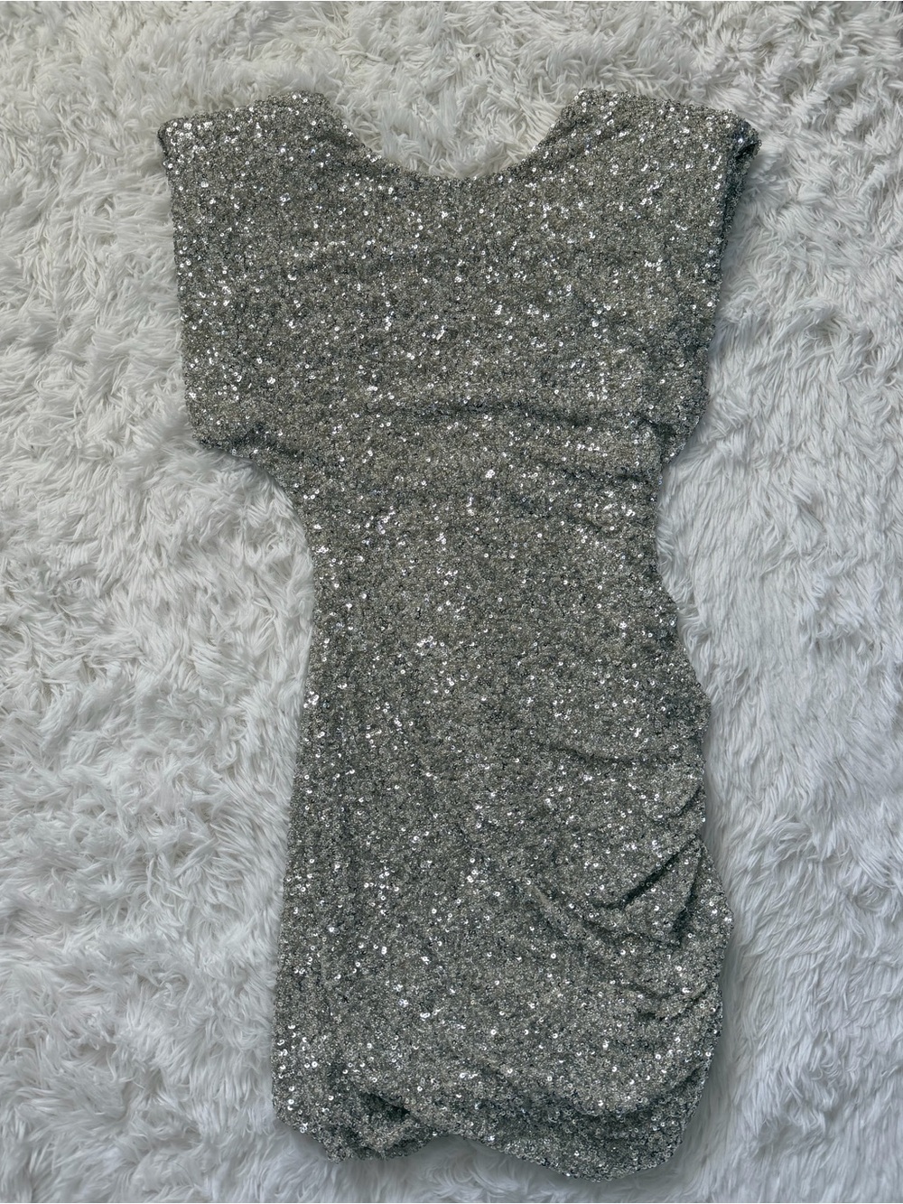 Zara Silver Sequin Deep V Ruched Party Dress